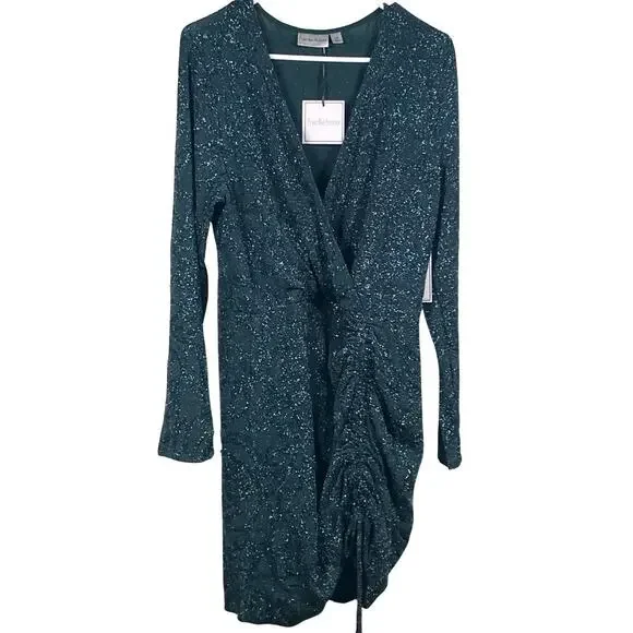 Premier Amour Mini Dress Size 14 Hunter Green V-Neck Glitter Cinched Hem NWT